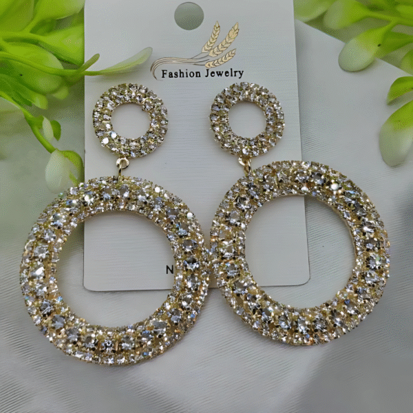 Imported Radiant Double-hoop Crystal Earrings – Glamorous Statement Jewelry – Luxurious Gold Finish | Best Quality Artificial Earrings For Girls & Women